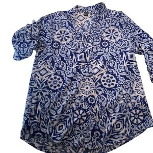 Shein Blue Print Long Sleeve Button Down Shirt Top Women's Size M‎